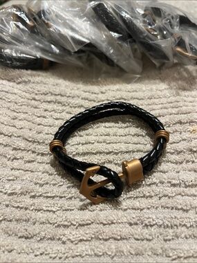Women’s Black Braided Leather Style Anchor Bracelet with Gold Accent